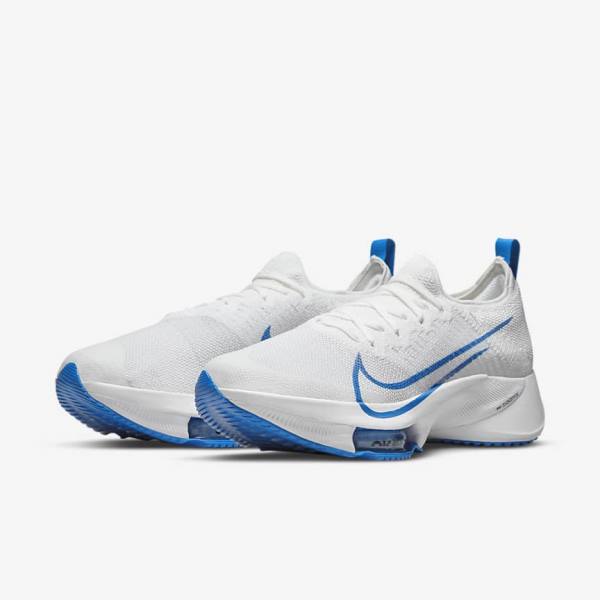 White / Platinum / Black / Blue Men's Nike Air Zoom Tempo NEXT% Road Running Shoes | NK843JNF