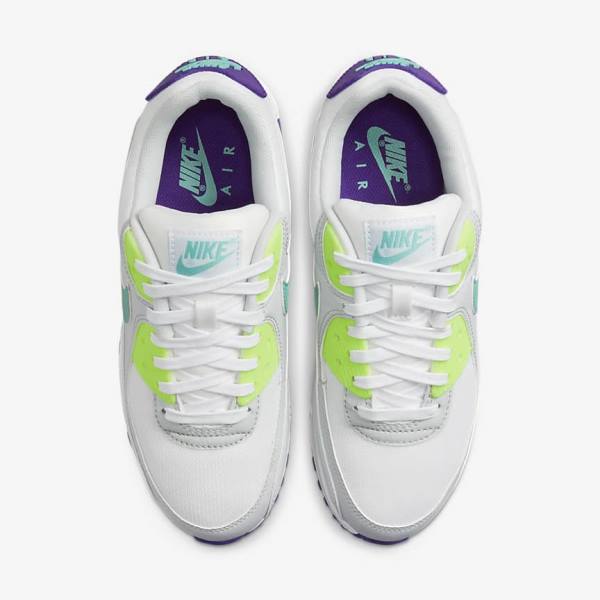 White / Platinum / Turquoise Women's Nike Air Max 90 Sneakers | NK148NYU