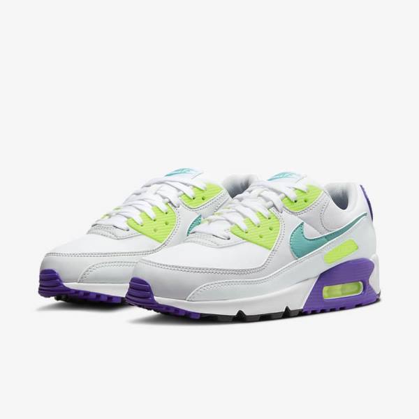 White / Platinum / Turquoise Women's Nike Air Max 90 Sneakers | NK148NYU