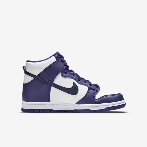 White / Purple / Navy Kids' Nike Dunk High Older Sneakers | NK564RJW