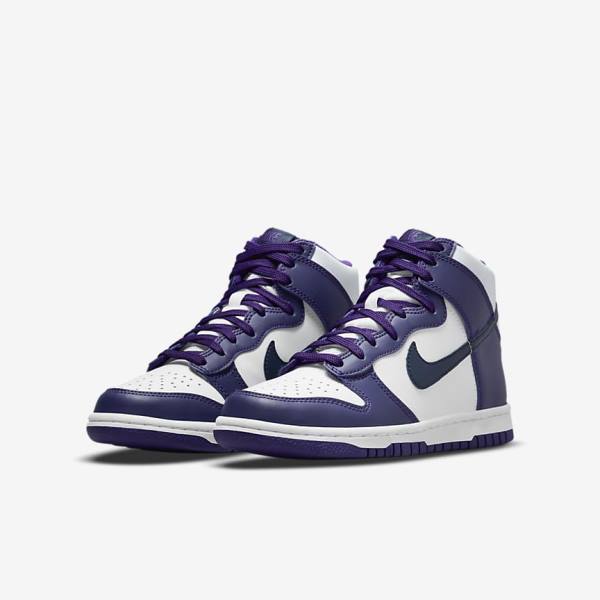 White / Purple / Navy Kids' Nike Dunk High Older Sneakers | NK564RJW