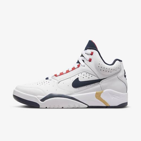 White / Red / Metal Gold / Navy Men\'s Nike Air Flight Lite Mid Sneakers | NK641JTY