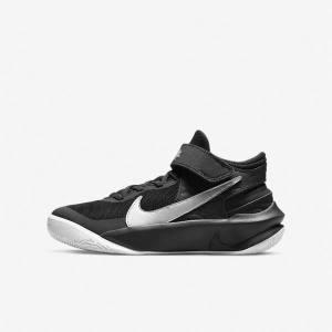 Black / White / Metal Silver Kids' Nike Team Hustle D 10 FlyEase Older Basketball Shoes | NK791OKB