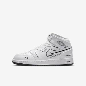 White / Black Kids' Nike Air Jordan 1 Mid Older Jordan Shoes | NK782PST