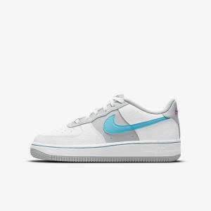 White / Grey / Turquoise Blue Kids' Nike Air Force 1 EMB Older Sneakers | NK805REF