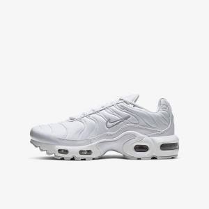 White / Metal Silver / White Kids' Nike Air Max Plus Older Sneakers | NK741HBR