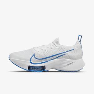 White / Platinum / Black / Blue Men's Nike Air Zoom Tempo NEXT% Road Running Shoes | NK843JNF