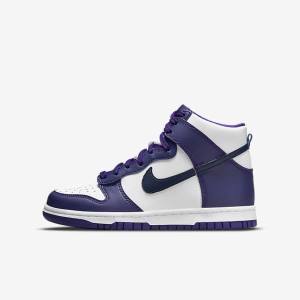 White / Purple / Navy Kids' Nike Dunk High Older Sneakers | NK564RJW